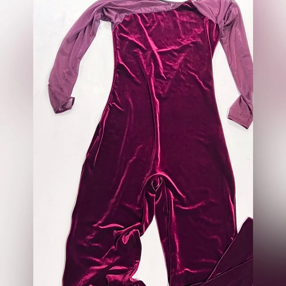 Cranberry velvet bodysuit one piece unitard leotard long sleeve pants jumpsuit - Picture 8 of 12